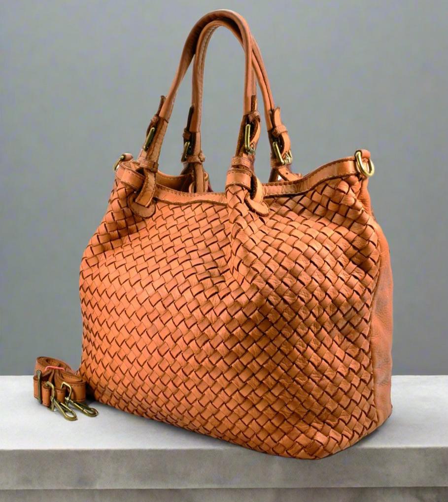 Distressed Woven / Smooth Leather Hobo / Bucket Bag