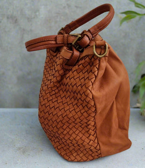 Distressed Woven / Smooth Leather Hobo / Bucket Bag