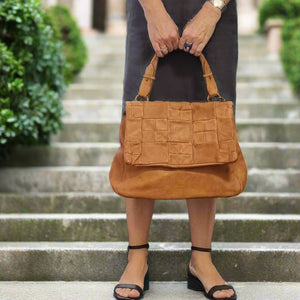 CLEARANCE One Left - Washed Leather Bag With Quilted Leather Squares