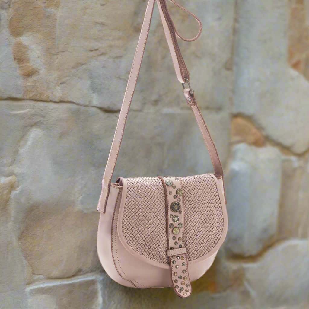 CLEARANCE One Left - Pink Studded Leather Small Crossbody - Washed Italian Leather