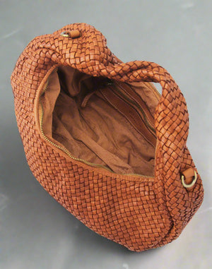 Distressed Woven Leather Half-Moon Crossbody Bag