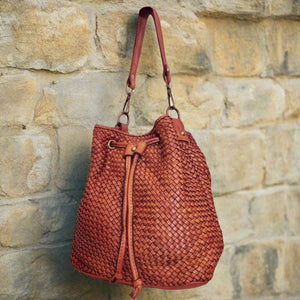 Woven Genuine Leather Bucket Bag / Crossbody - Medium