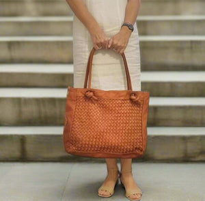 CLEARANCE One Left - Woven/Smooth Combination Leather Bag with Knot Ended Handles