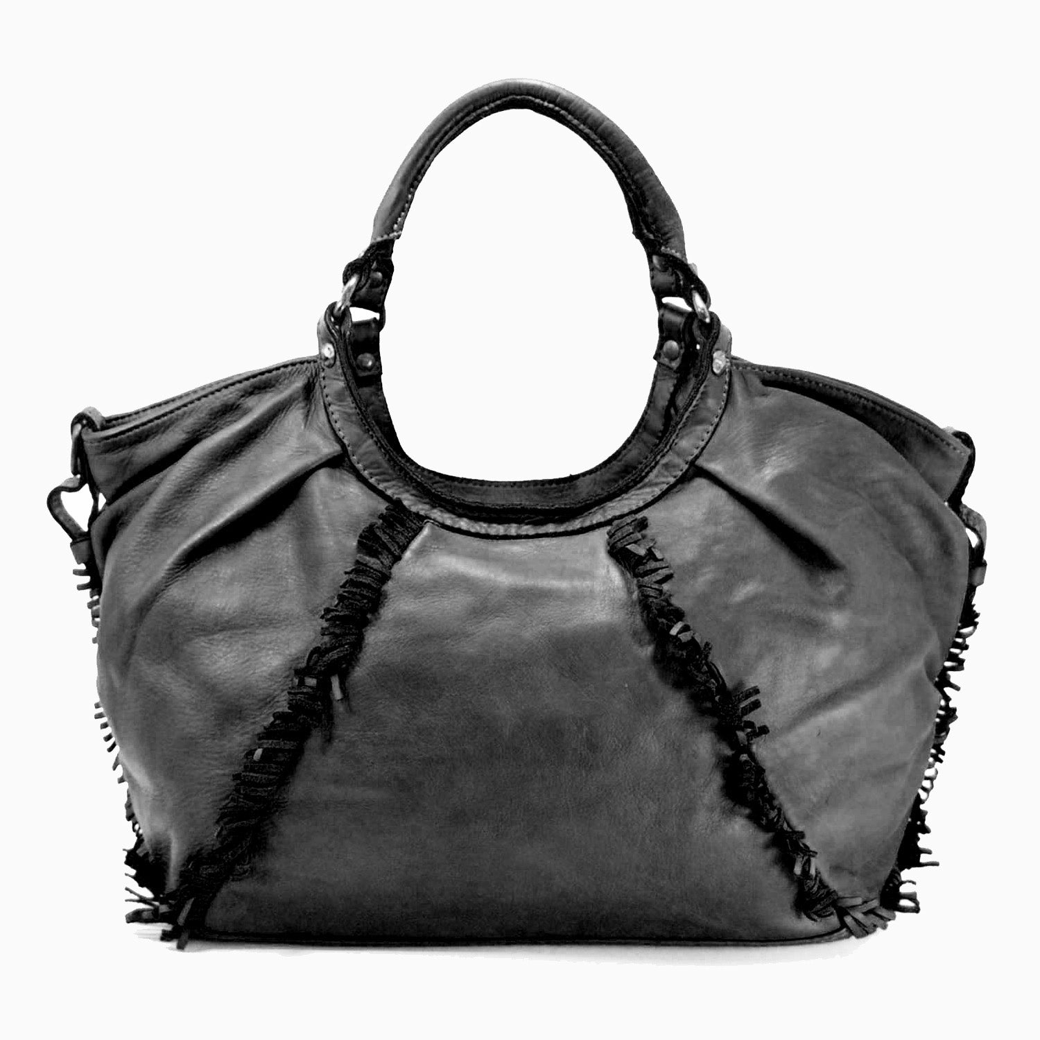 CLEARANCE One Left - Distressed Woven & Smooth Leather Hobo With Fringes