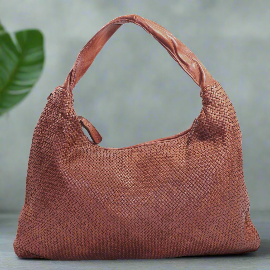 Woven Hobo Leather Bag With Smooth Leather Handle