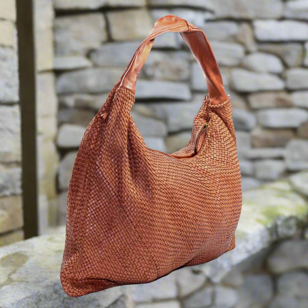 Woven Hobo Leather Bag With Smooth Leather Handle